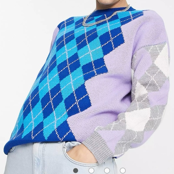 ASOS Preppy Sweater Argyle Purple Knit Stretch Designer Casual Academia Men’s - Picture 4 of 9